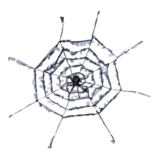 Spinnennetz mit Spinne aus Styropor/Synthetik-Wolle, mit rotem Licht- und Soundeffekten & vibriert     Groesse: Ø 110cm, Spinne: 52x23cm    Farbe: naturfarben/schwarz