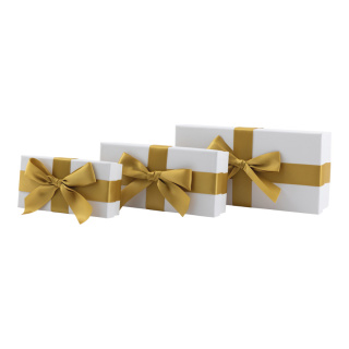 Geschenkboxen 3 Stk./Set, mit Satinschleife, rechteckig, ineinander passend     Groesse: 30x15x8cm,25x12x6cm, 20x10x5cm    Farbe: weiß/gold