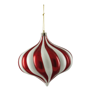 Ornament aus Kunststoff, zwiebelförmig, mit Hänger     Groesse: Ø 14cm    Farbe: rot/weiß