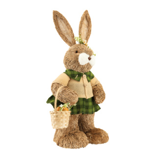 Hase mit Kleid aus Kunstfaser/Styropor/Stroh, Korb mit Ostereier, stehend     Groesse: 53x26x22cm    Farbe: grün/weiß