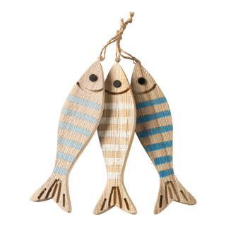 Fisch-Hänger im 3-er Set, aus Holz, zum Hängen     Groesse: 28x7x1,5cm    Farbe: naturfarben/blau