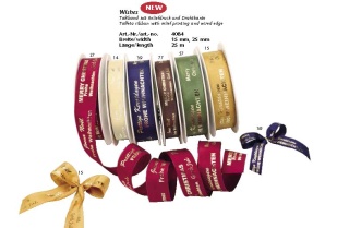 "Wishes" Taftband in Gold mit goldenem Reliefdruck und Drahtkante 15mm/25m Rolle